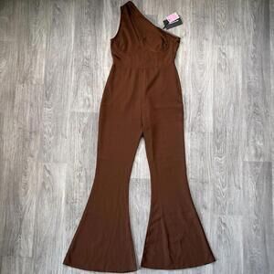 prettylittlething Chocolate One Shoulder Corset Flair Jumpsuit Brown Size 8